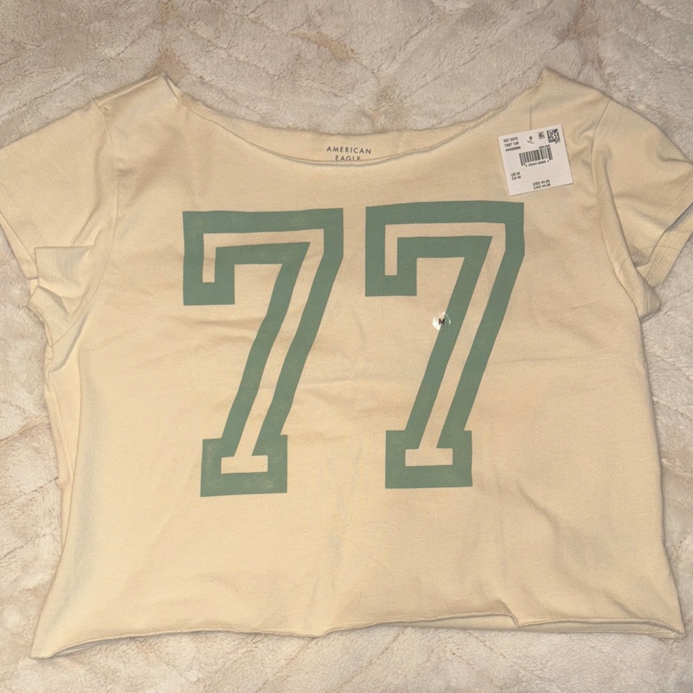 American Eagle Outfitters Cream and Green 77 Tee